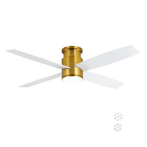 WINGBO 52 Inch Flush Mount DC Ceiling Fan with Lights and Remote, 4 Reversible Blades, Ultra Quiet 6-Speed DC Motor, Hugger Low Profile Indoor Ceiling Fan, Brass Finish