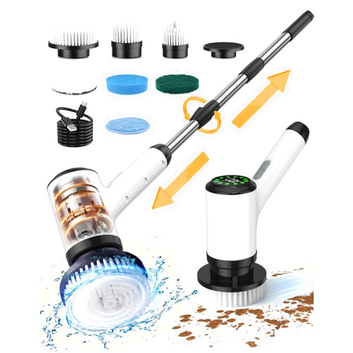 Lxlu Electric Spin Scrubber, Cordless Cleaning Brush, Bathroom Shower Scrubber with 7 Replaceable Brush Heads, 2 Adjustable Speeds, Extension Handle, IPX7 Waterproof for Tub Tile Floor Car-2