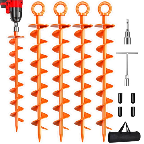 Phopich Ground Anchor Screw in, 4 Pack Spiral Trampoline Anchors with Nut and Tool Swing Set Anchors Tent Stakes High Wind Heavy Duty for Sheds, Carports, Mobile Home Orange