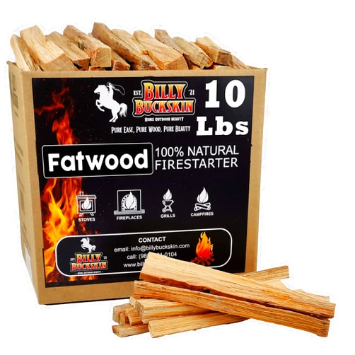 BILLY BUCKSKIN HOME & BEAUTY Billy Buckskin 10 lbs. Fatwood Fire Starter Sticks Camping Essentials | Great Fire Logs and Fire Starters for Campfires, Wood Stoves, Fireplaces, Bonfires | Start a Fire with 2 Sticks | 10 lb Box