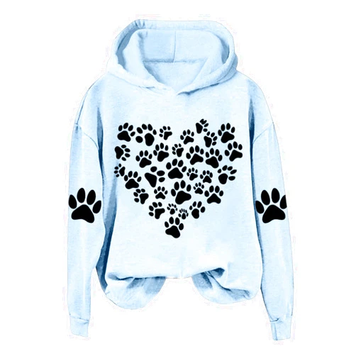 Fridja Dog Paw Dog Lovers Gifts for Women Dogs Paw Love Heart Print Fleece Pullover Hoodie Long Sleeve Hooded Sweatshirt