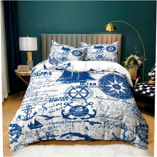 AILONEN Anchor Duvet Cover King Size,Nautical Theme Bedding Set for Boys Girls Kids,Sea World Ocean Comforter Cover Bedroom Decor with 17 Pillow Shams,Zipper