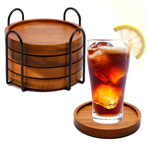 Mckanti 4 Pcs Wood Coasters for Drinks Absorbent, Wooden Coasters with Holder, Drink Coasters for Coffee Table, Absorbent Coaster Set for Table Protection Drink Coasters for Farmhouse, Office, Bar