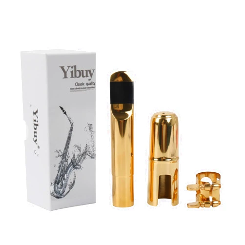 Yibuy Gold Plated Brass B-flat Tenor Saxophone Sax Mouthpiece with Cap Ligature 7#