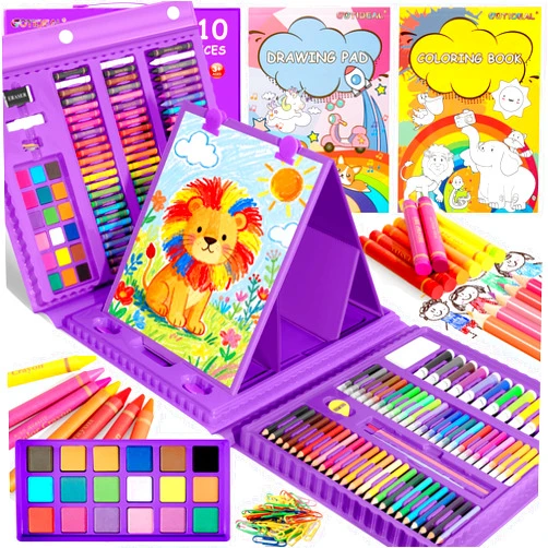 GOTIDEAL Art Supplies for Kids,Drawing Art Kit,210 PCS Kids Art Set with Double Sided Trifold Easel,Coloring Book, Crayons, Markers, Watercolor Pens, Arts & Crafts,Gift for 4-12 Year Old Girl(Purple)