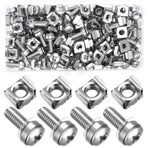 Qxayxa 110 Pcs/55 Set Rack Mount Screws and Cage Nuts for Rack Mount Server Cabinet Cage Nuts & Mounting Screws Washer, Carbon Steel Rack Screws and Cage Nuts for Rack Mount Server Shelves Cabinet