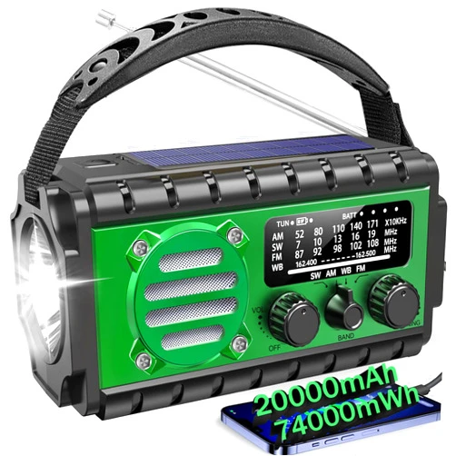 Aivica 20000mah Emergency Radio, SW/NOAA/AM/FM Weather Radio, Solar Powered Hand Crank Chager with Bige Batery Powered,Portable,Cellphone Charge,SOS,Flashlight for Emergency/Home (Green)