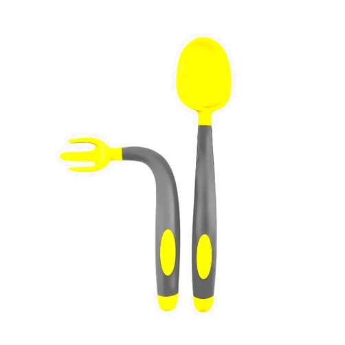 Kiuimi Baby Utensils Spoons Forks 2 Sets, Great Toddler Feeding Training Spoon and Fork for 6 Months+, 360° Bendable Soft Silicone Flatware Sets BPA-Free for Babies - (Yellow)