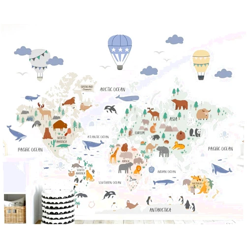 The Colors Crafter Animal World Map Wall Decal - Map Decal Wall Sticker - World Map Wall Mural Children World Map Sticker - Nursery Wall Decals - Bedroom Living Room Map Gift Sticker (60