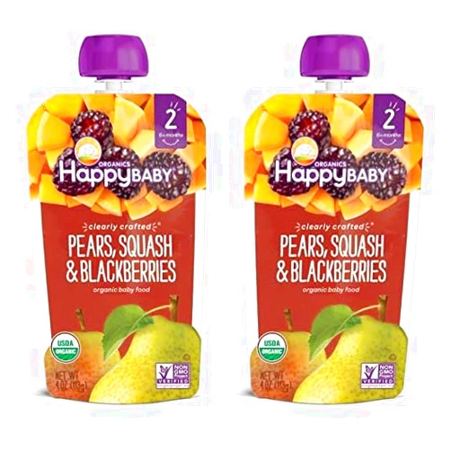 Happy Baby Organics Stage 2 Baby Food Pouches, Gluten Free, Vegan & Healthy Snack, Clearly Crafted Fruit & Veggie Puree, Pear Squash & Blackberries, 4 Ounces (Pack of 2)