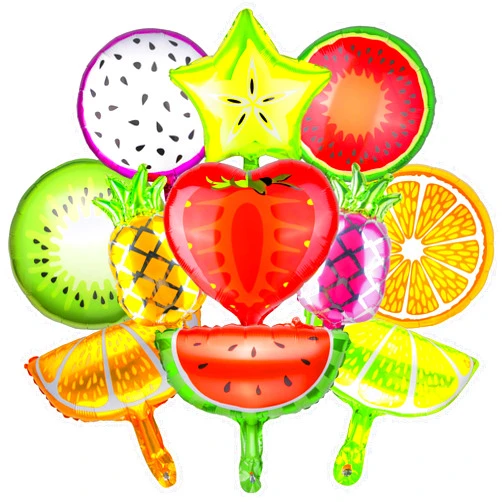 PROLOSO 30 Pcs Fruit Balloons Foil Mylar Balloons 18 Inch for Birthday Party Baby Shower Decoration with Glue Points & Ribbon
