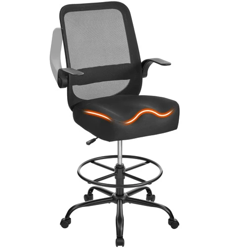 KWKSV Drafting Chair for Standing Desks, 500LBS Capacity Tall Office Chair with Adjustable Height, Foot Ring, Flip-Up Armrests, Thick Curved Seat for Home Office, Drawing, and Creative Work