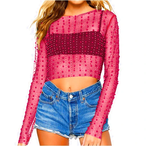 Outoshe Women's Sheer Mesh Pearl Crop Top Shiny Rhinestone Long Sleeve Cover Up Blouses