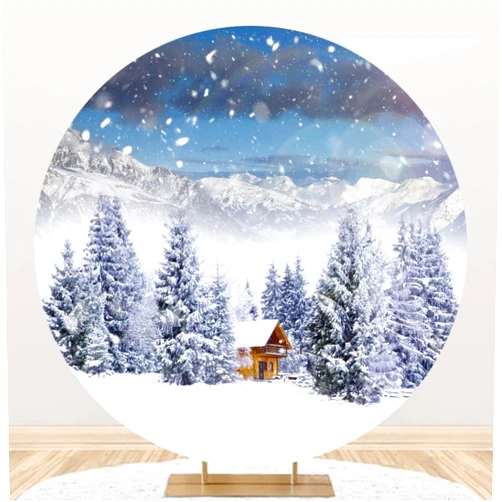 DORCEV Diameter 6.5ft Winter Scenery Round Backdrop Cover White Snowy Mountain Forest Cottage Snowflake Rustic Photography Background for Merry Christmas New Year Birthday Party Circle Background