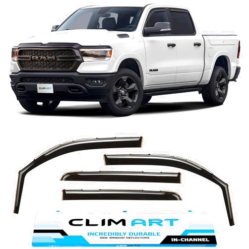 CLIM ART in-Channel Incredibly Durable Rain Guards for Dodge RAM 1500 2019-2024 Crew Cab, Original Window Deflectors, Vent Deflector, Vent Window Visors, Dark Smoke Truck Accessories, 4 pcs- 619006LP