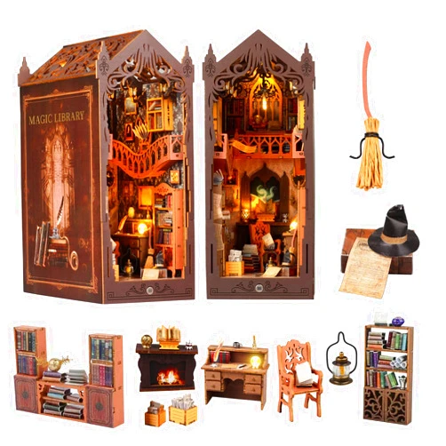 QIURUIFFA Book Nook Kit,DIY Miniature House Kit,Dollhouse Booknook with Dust Cover & LED Light,3D Wooden Bookends Puzzle,Bookshelf Decorfor for Adults, Teens, Beginners,Gifts for Family, Friends