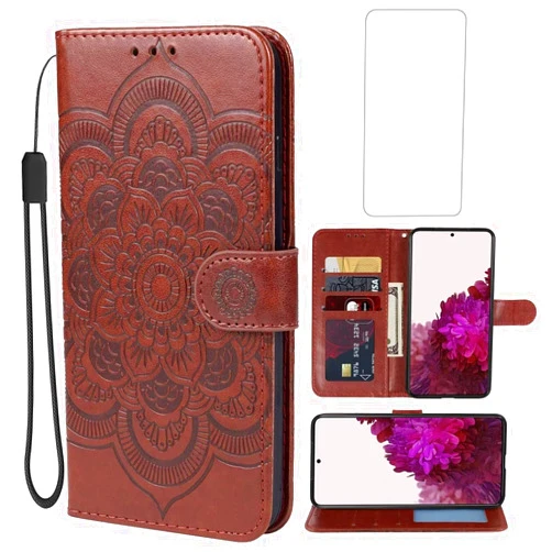 Yodueiv for Galaxy S20 FE 5G Case, Samsung S20 FE SM-G781U Wallet Case with Tempered Glass Screen Protector, PU Leather Wrist Strap Card Slots Protective Flip Cover for Samsung Galaxy S20 FE 5G Brown