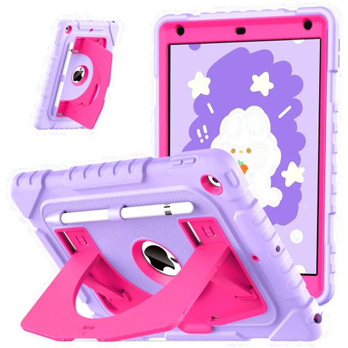 OKP Kids Case for iPad 9th/ 8th/ 7th Generation 10.2 Inch (2021/2020/2019), Heavy Duty 9 8 7 th Gen iPad Protective Cover with Built-in Kickstand, Pencil Holder for Kids Girls Boys, Purple+Hot Pink