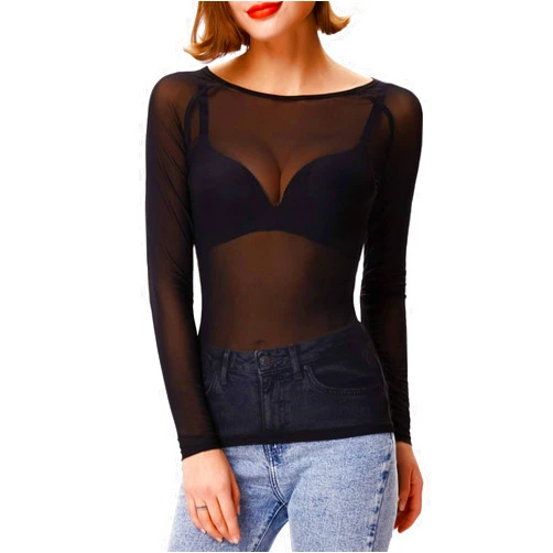 GRACE KARIN Women's Long Sleeve See Through Mesh Sheer Top Blouse Shirt