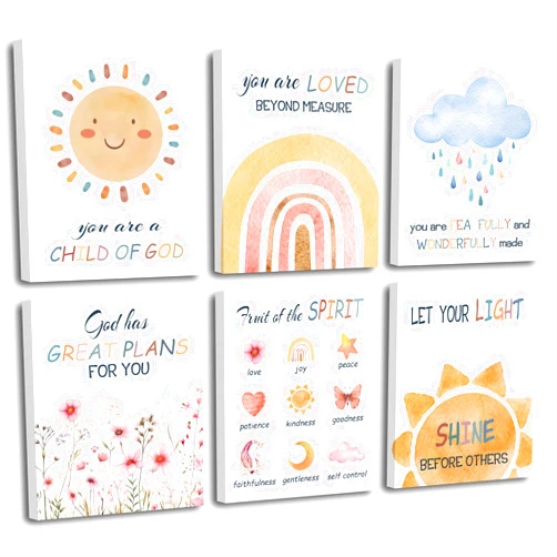 ZHAXFA Kids Bible Verses Wall Decor Set Of 6 Inspirational Christian Wall Art Boho Framed Artwork Rainbow Cloud Sun Scripture Canvas Wall Art for Nursery Bedroom Classroom Sunday School Decor(8’’X10’’in)