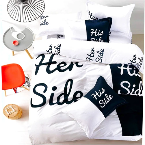 BHFDUBUAAAXXXXUF 4Pcs American Black and White her Side and his Side Bed Set Polyester Prints Duvet Cover Bed Sheet 1 Queen Size 4pcs (White Queen Size 4pcs) (White Queen Size 4pcs)