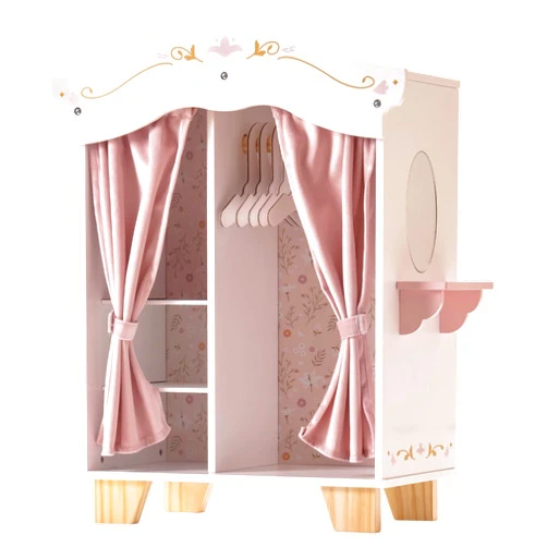 ROBUD Wooden Play Armoire Closet for Dolls, Doll Closet Furniture Wardrobe with 5 Hangers, Mirror, Velvet Curtains, Fits 16–20 Inch Dolls & Doll Clothes, Gift for Boys & Girls Ages 3+