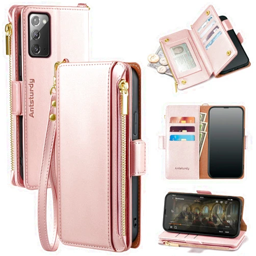 Antsturdy Compatible with Samsung Galaxy Note 20 5G Wallet case with Card Holder for Women Men Phone case RFID Blocking PU Leather Flip Shockproof Cover with Strap Zipper Credit Card Slots,Rose Gold