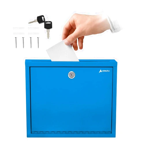 Adir Corp. Adir Metal Suggestion Box with Lock and Slot, Wall Mount Deposit Box for Payments and Checks, Office Mail Box for Employees, Mailbox for House, Safe Drop Box with Keys - 3x10x12 Inch Blue
