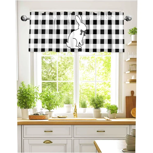 Litter Star Kitchen Window Valance Easter Bunny Curtain Valance for Living Room, Black and White Buffalo Plaid Rod Pocket Short Curtain Panels Rabbit Checkered Window Treatment Drapes for Bedroom Bathroom Decor
