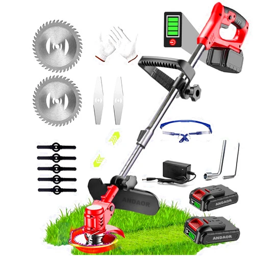 ANDAOR Weed Wacker Electric Cordless, 24V Weed Eater Battery Operated, 800W Brush Cutter with 2 4.0Ah Batteries, Lightweight Grass Trimmer with 3 Types of Cutting Blades for Lawn Yard