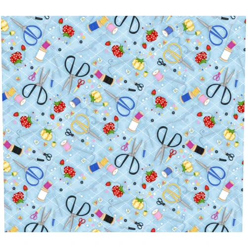 Generic Creative Sewing Tool Cotton Fabric - Light Blue with Scissors and Thread Spools Print - Precut Fabric by The Yard - One Yard