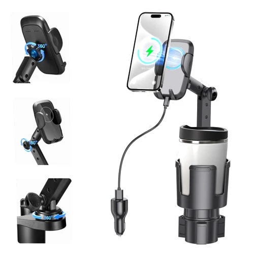 This Hill 3-in-1 Car Wireless Charger Cup Holder, Upgrade 15W Charging, Car Cup Holder Phone Mount with Adjustable Base & 360° Rotation Compatible for All Smartphones(with Car Adapter)