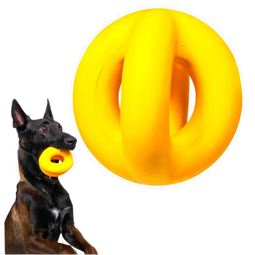 WoofBite Indestructible Ring Ball - Lifetime Replacement - Strong, Tough, Aggressive Chewers, Medium Large Breed - Non-Toxic Natural Rubber Dog Toys - Yellow - Tug & Fetch - 8x1.75