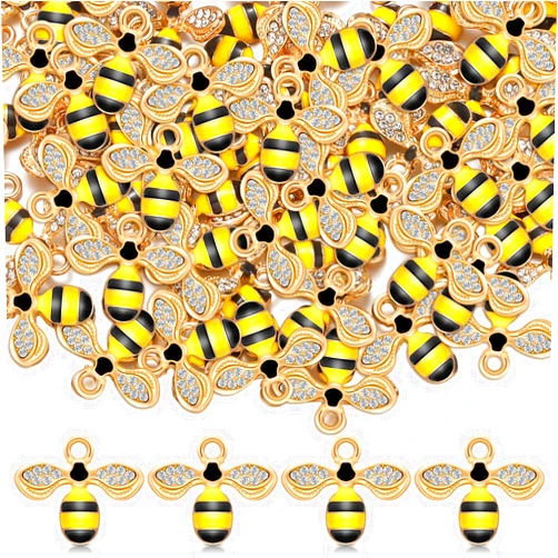 Junkin 100 Pcs Enamel Bee Charms Bee Rhinestone Charms Pendants Rhinestone Honeybee Embellishments Crafting for Easter DIY Handmade Crafts Jewelry Accessories Necklace Bracelet Earrings Making Supplies