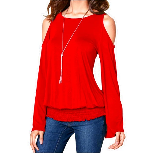 LEIYEE Womens Cold Shoulder Bell Long Sleeve Tops Sexy Dressy Casual Scoop Neck Banded Bottom Shirts Blouse