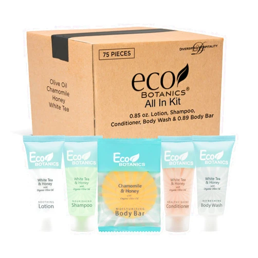 Terra Pure Eco Botanics Hotel Soaps and Toiletries Bulk Set | 1-Shoppe All-In-Kit Amenities |0.85oz Shampoo & Conditioner, Body Wash, Body Lotion & 0.89oz Bar Soap Travel Size | 75 Pieces