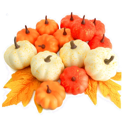 CHEAWRTZ 16PCS Realistic Mini Pumpkin Decor,Fall Decor with Pumpkins Maple Leaves, Artificial Pumpkin Decor for Autumn Filler, Realistic Pumpkin Decorations for Halloween Thanksgiving Fall Home Decor