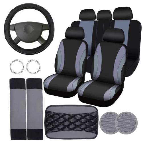 Sinmoe 17 Pcs Car Seat Covers Full Set, Steering Wheel Cover Center Console Pad Armrest Cover Seat Safety Belt Pad Seatbelt Covers Cup Mats Car Emblem Ring Sticker Car Accessories Set (Black, Gray)