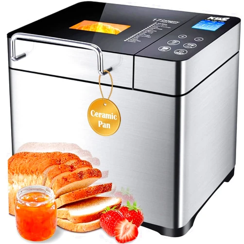 KBS Pro Stainless Steel Bread Machine, 2LB 17-in-1 Programmable XL Bread Maker with Fruit Nut Dispenser, Nonstick Ceramic Pan& Digital Touch Panel, 3 Loaf Sizes 3 Crust Colors, Reserve& Keep Warm Set