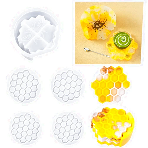 DIYBravo 5Pcs Honeycomb Coaster Resin Molds with Bee Box Mold Set, Coaster Silicone Molds for UV Resin, Cup Mats Molds Epoxy Coaster Molds for DIY Resin Crafts, Home Decoration