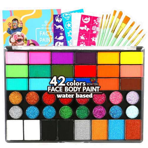 Bowitzki Face Paint Kit,Water Based Non Toxic Face Paint Palette with 24 Colors,16 Glitters, 32 Stencils & 10pcs Brushes, Professional Body Face Paint Makeup For Party,Halloween,Carnival,Festival