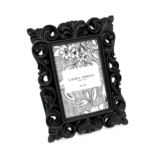 Laura Ashley 2x3 Black Vintage Inspired Resin Scroll Design Picture Frame with Thin Border, Horizontal & Vertical for Tabletop and Wall Display, Home Décor (2x3, Black)