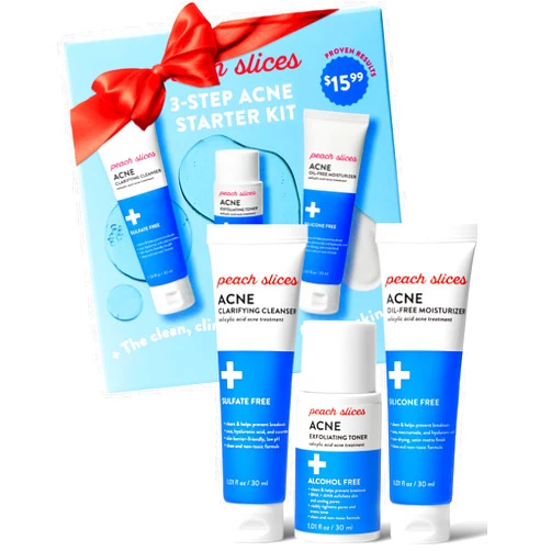 Peach Slices - 3-Step Clarifying Starter Kit (3 Products) - Skin Care Set for Blemish-Prone Skin - 1 Toner, 1 Cleanser, 1 Oil Free Moisturizer - 2% Salicylic Acid & Botanicals - Vegan & Cruelty Free