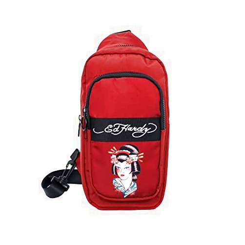 Ed Hardy Unisex Nylon Sling Bag With Adjustable And Removable Shoulder Strap Geisha on Burgundy