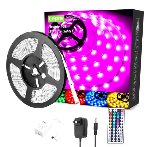 Lepro RGB LED Strip Lights, Christmas Decor, 16.4ft Flexible LED Light Strip, 5050 SMD LED, Color Changing Rope Light with Remote Controller and 24V Power Supply for TV Backlight, Home, Bedroom, Bar