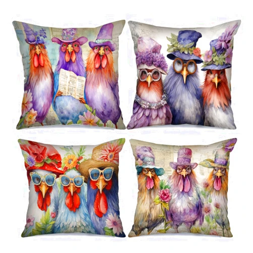 Tucocoo Animal Family Decor Wildlife Wearing Sunglass Throw Pillow Cover Rooster Wearing Sunglass Pillow Covers 4 Set Hen Read Newpaper Pillow Cases Cushion Cover Couch Sofa Office Nordics Gift(18 x18 Inch)