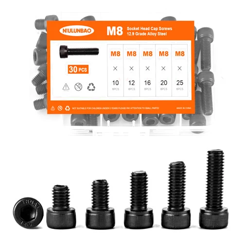 NIULUNBAO M8 x 10mm 12mm 16mm 20mm 25mm Hex Socket Head Cap Screws Bolts 12.9 Grade Alloy Steel Metric, Black Oxide Finish, Allen Socket Drive, Machine Fully Threaded, Assortment Kit 30PCS
