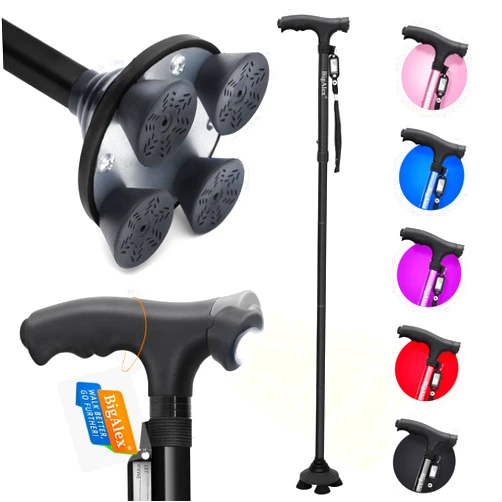 BigAlex Folding Walking Cane with LED Light,Pivoting Quad Base,Adjustable Walking Stick with Carrying Bag for Man/Woman (Alloy Base)