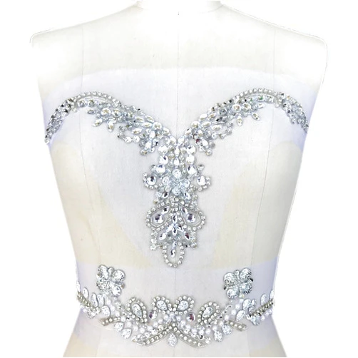 Succi shan Handmade Beaded V-Neck Sequin Sew On Neckline Rhinestone Crystal Trim Bridal Applique Design Patch Sewing for Wedding Dresses DIY Belt Decoration (Silver)