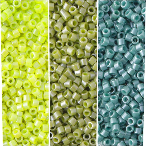 Miyuki Delica Seed Beads Bundle: Size 11/0, Green Opaque Luster Palette Collection DB262, DB263, DB264 - 3 Tubes of 7.2 Grams ea